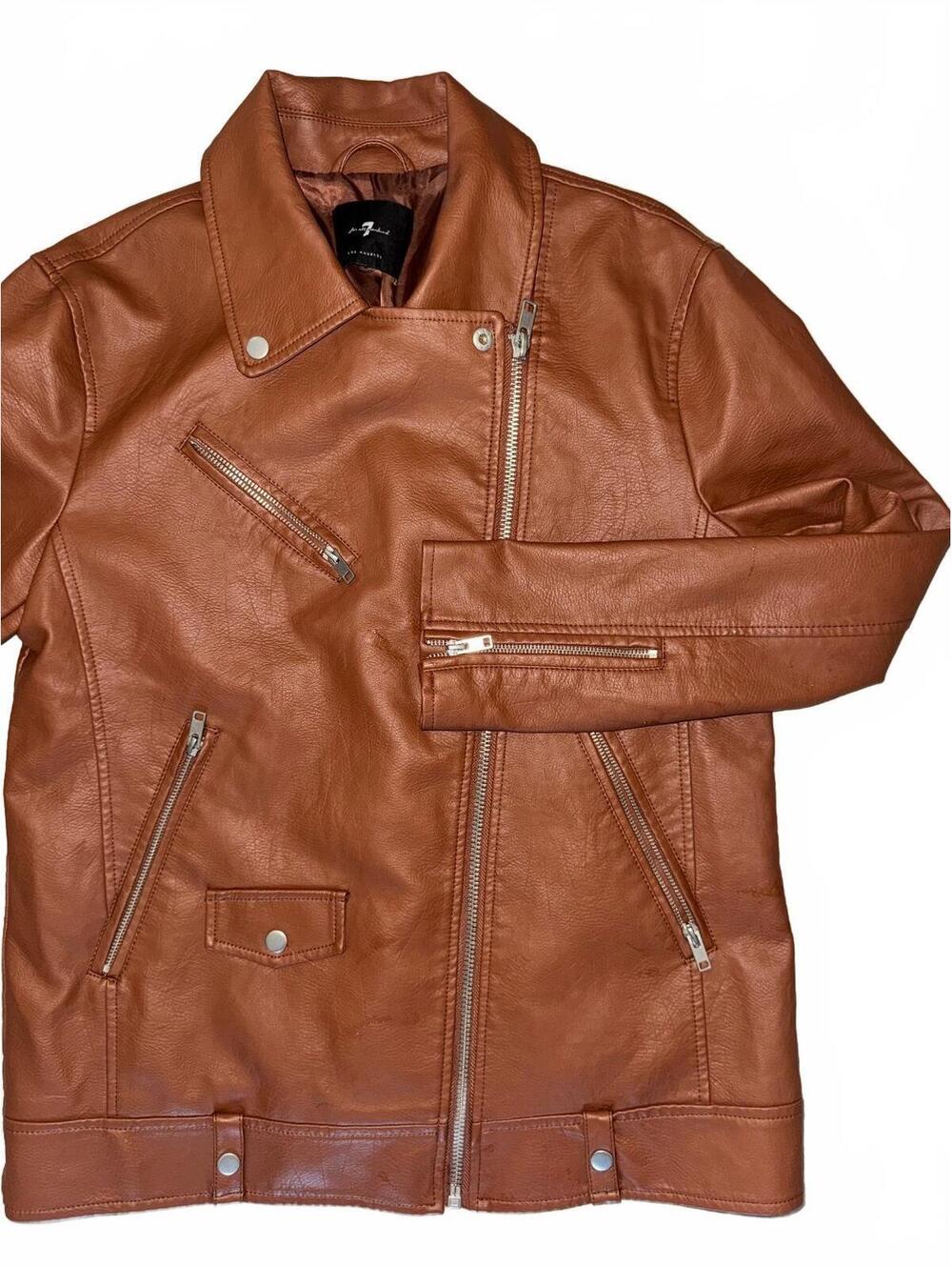 Women’s 7 For All Mankind brown faux leather moto jacket size L see measurements